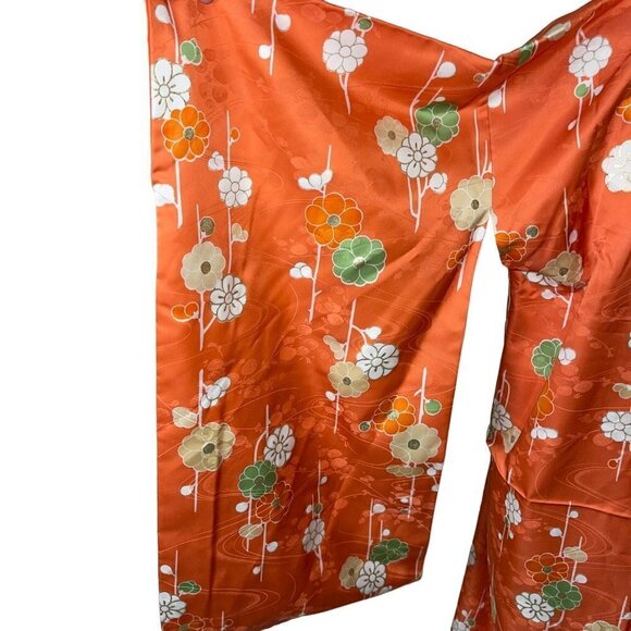 Womens Kimono One Size Orange Maxi Length Tie Front Lined Floral Embossed - Picture 6 of 16